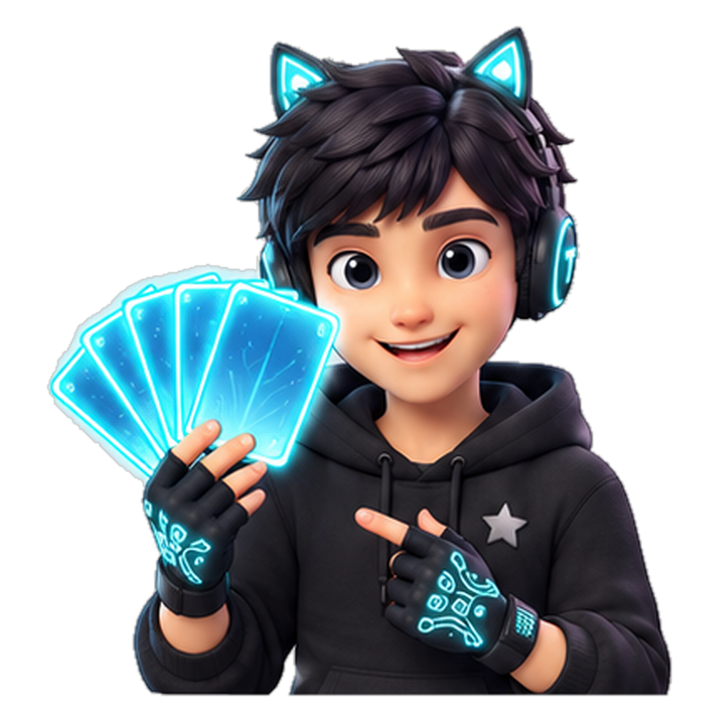 Tohma holding a fan of glowing flashcards